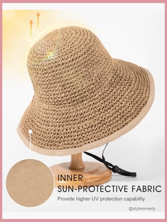 Wide Brim Straw Bucket Hat with UPF 50+ Sun Protection Foldable